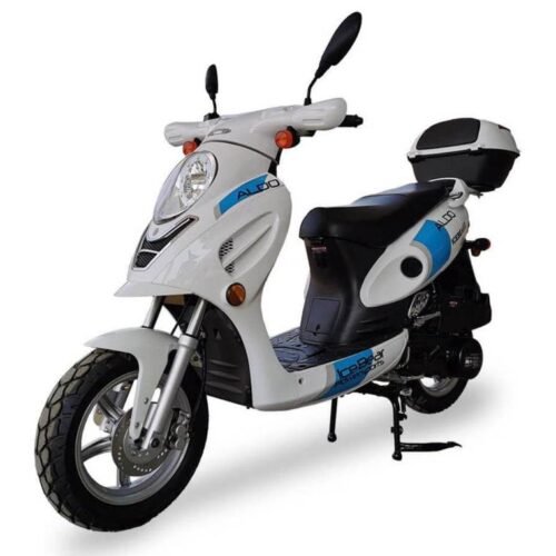 Aldo 150cc Street Scooter, Automatic, Front Disc Brake, 12 inch Aluminum Wheels, LED Headlight, Trunk Included
