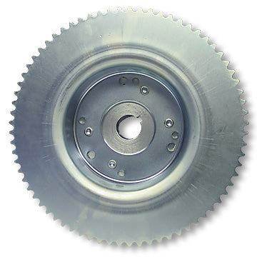 Brake Drum Sprocket, 4-1/2", #35 Chain 72 Tooth, Machined ID, Riveted to Mini-hub, 1-1/4" Bore for sale