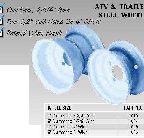 8 in. steel atv wheel, 5-3/8 in. wide, four 1/2 in. bolt holes on 4 in. circle for sale