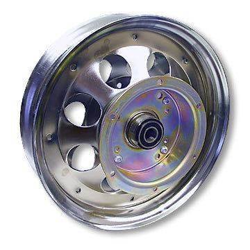 Mini Bike Wheel, 10 in. Chrome Plated, 5/8 in. ID Precision Ball Bearings, Flanged Brake Drum for sale