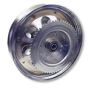 Mini Bike Wheel, 10" Steel, Plated, #35 60T Sprocket, Brake Drum, 5/8 in. ID Precision Ball Bearings for sale