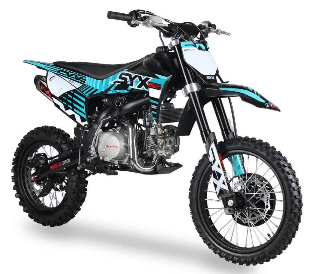 SYX Moto Pro 125cc 4-Stroke Gas Dirt Bike, 4-Speed Manual, Electric Start (17/14) Wheels, Ages 16 and up - Teal/Black