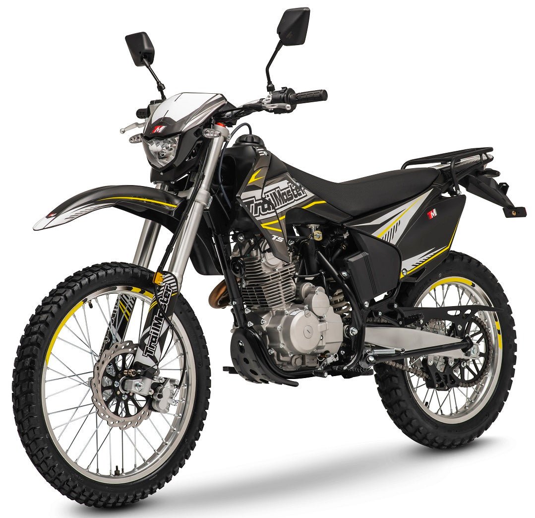 TrailMaster T5 Dual Sport Dirt Bike, 5-Speed Manual, 223cc Engine, Dual Disc Brakes, Electric Start with Kick backup, (21/18) Wheels - Yellow
